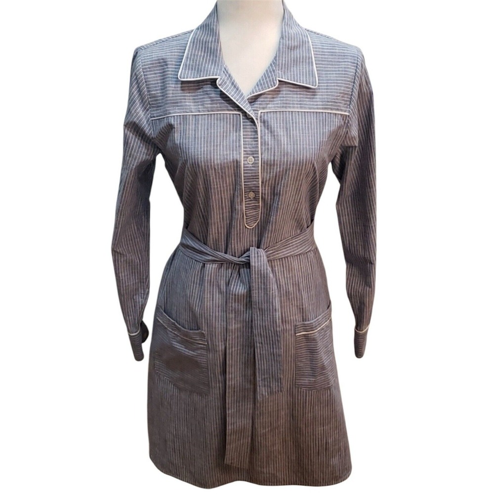 Kayce Hughes Shirt Dress Blue Chambray Pinstripe Size 4 Belted Retro